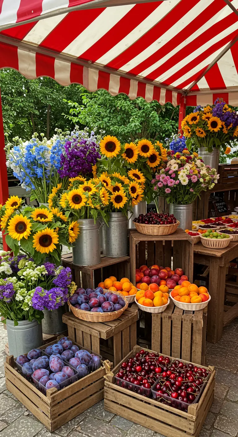 Puesto de mercado con cubos de girasoles y cajas de madera con ciruelas, cerezas y albaricoques.