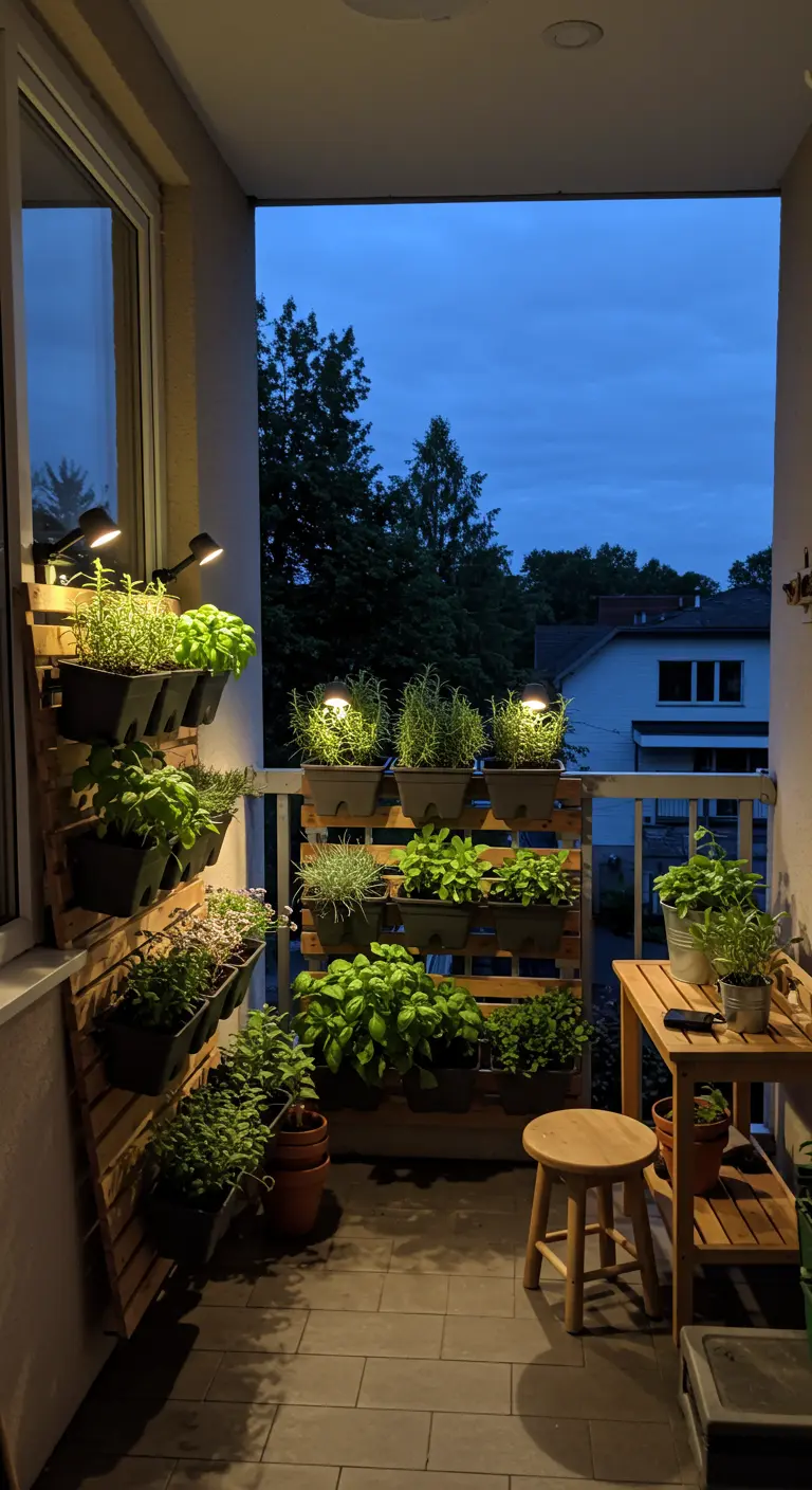 Balcón con un jardín vertical de hierbas aromáticas hecho con palets e iluminado con focos solares.