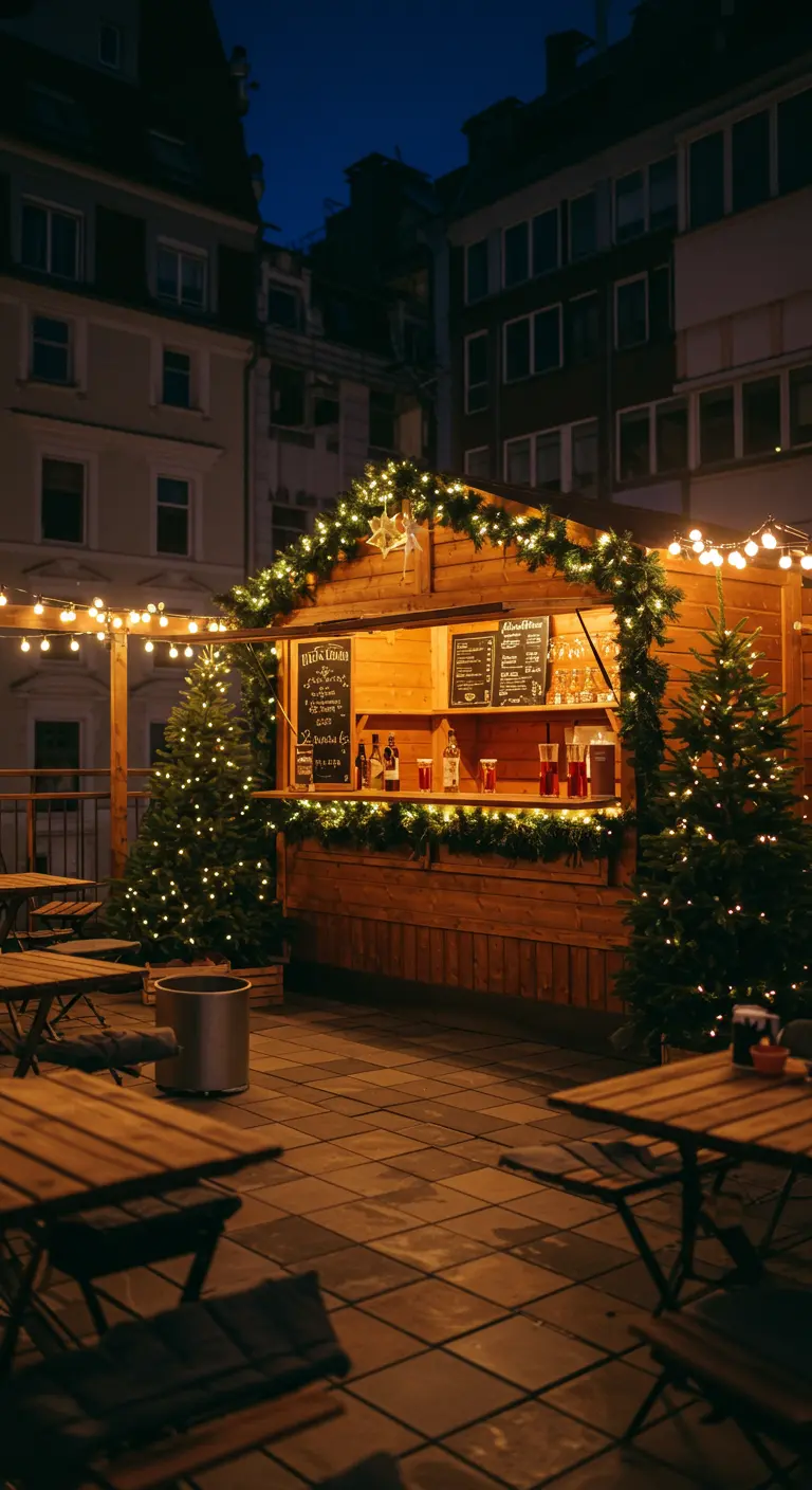 Terraza decorada como un puesto de mercado navideño con luces, guirnaldas y árboles de Navidad.