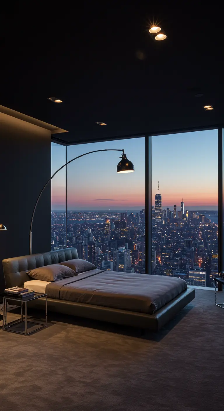Dormitorio negro en un ático con ventanales y vistas panorámicas de la ciudad.