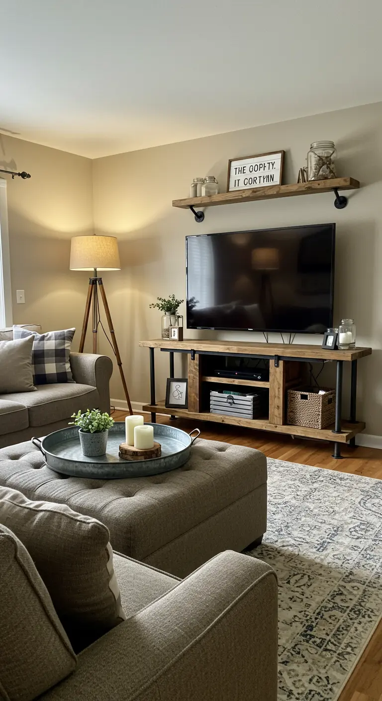 Mueble de televisión de madera y metal de estilo industrial en una sala acogedora