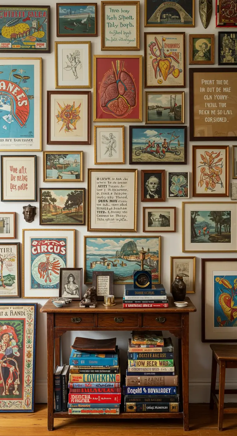 Pared completamente cubierta con una galería de cuadros vintage de diferentes estilos y tamaños.