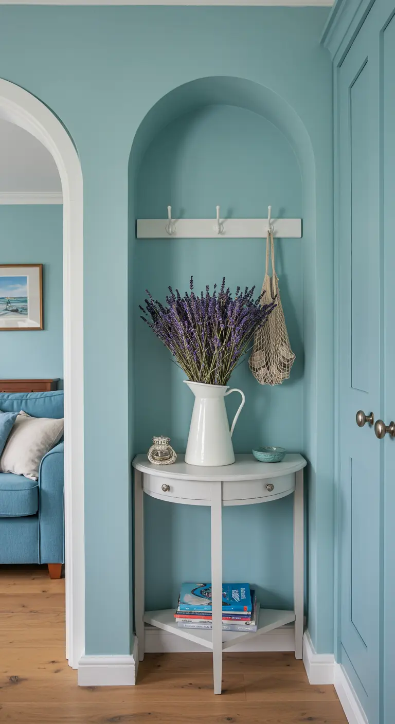 Nicho arqueado pintado de azul con perchero, mesita y un jarrón con lavanda.