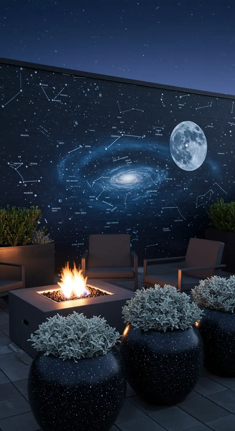 Terraza nocturna con un mural de la Vía Láctea y la luna, centrado alrededor de un brasero.