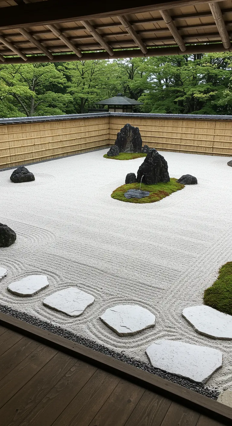Jardín zen seco (karesansui) con arena blanca rastrillada, grandes rocas y un sendero de losas.