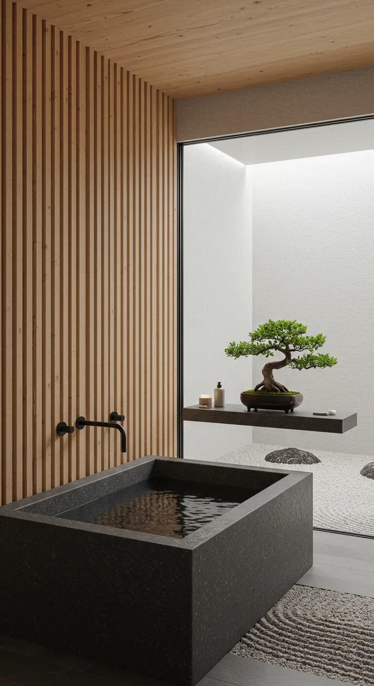 Baño de inspiración japonesa con bañera de piedra oscura y pared de listones de madera.
