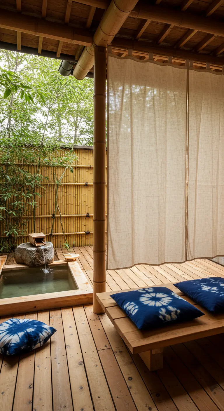 Patio de estilo japonés con plataformas de madera, cojines shibori y una pequeña piscina termal.