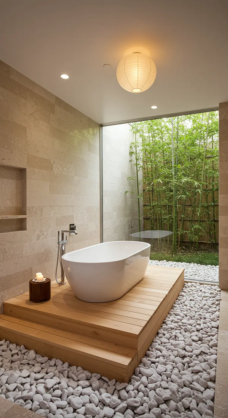 Baño zen con bañera sobre tarima de madera, rodeada de piedras blancas y patio con bambú.