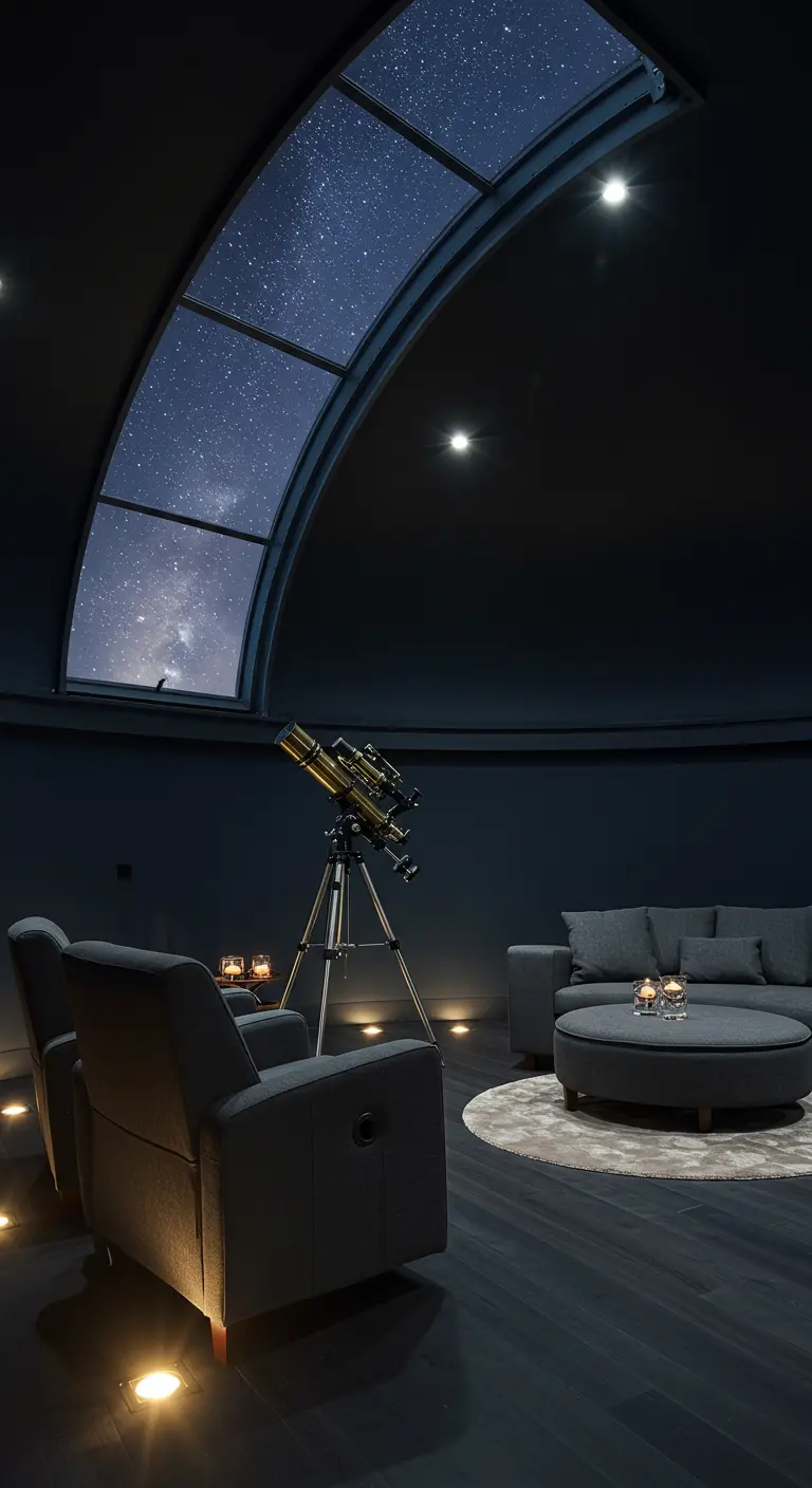 Habitación oscura con techo de observatorio, un telescopio profesional y asientos cómodos.