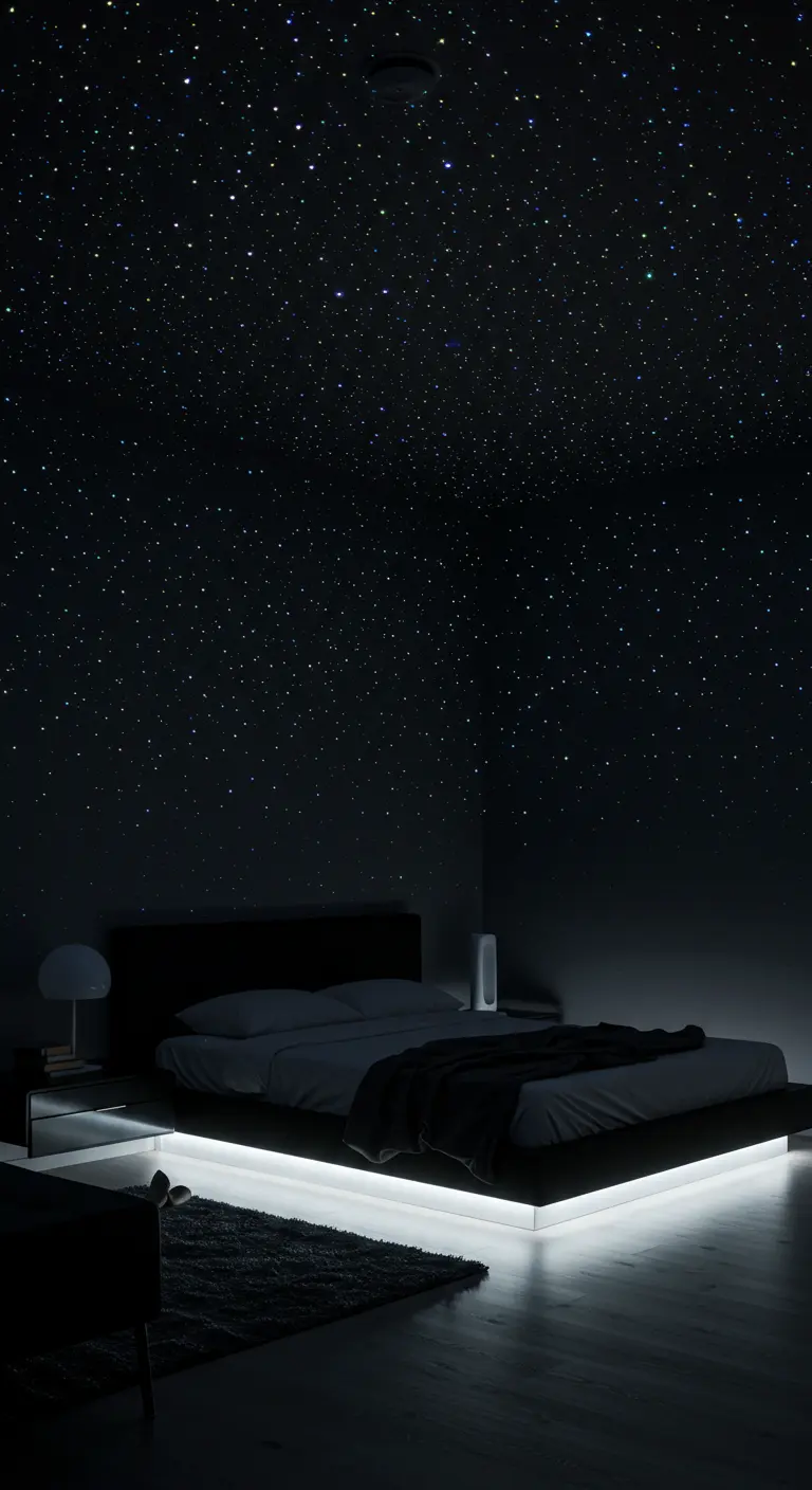 Dormitorio oscuro con un proyector que crea un cielo lleno de estrellas en el techo y luz LED bajo la cama.