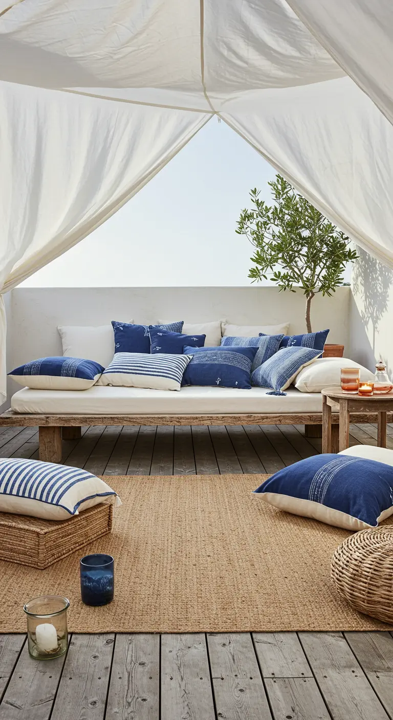 Cama de día en una terraza bajo un dosel de tela blanca, con cojines en tonos azules.