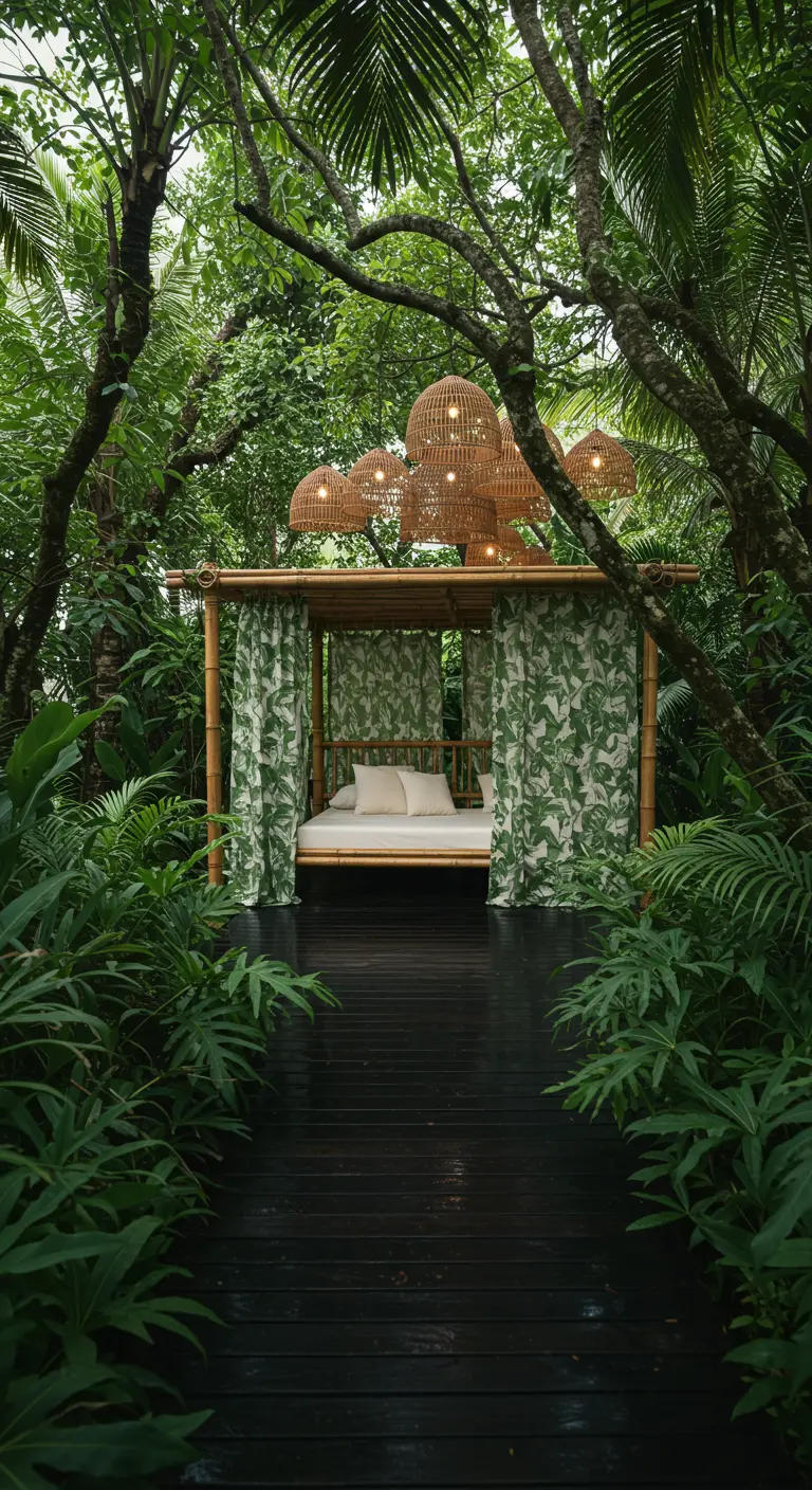 Cama de bambú con cortinas de estampado tropical verde en un jardín frondoso.