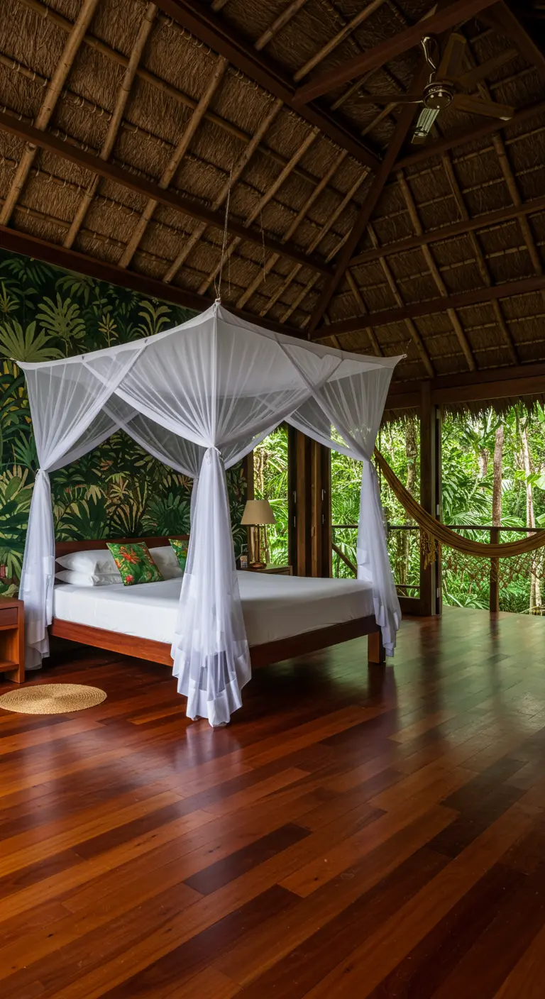 Dormitorio con techo de paja, cama con dosel blanco y vistas a una densa vegetación tropical.