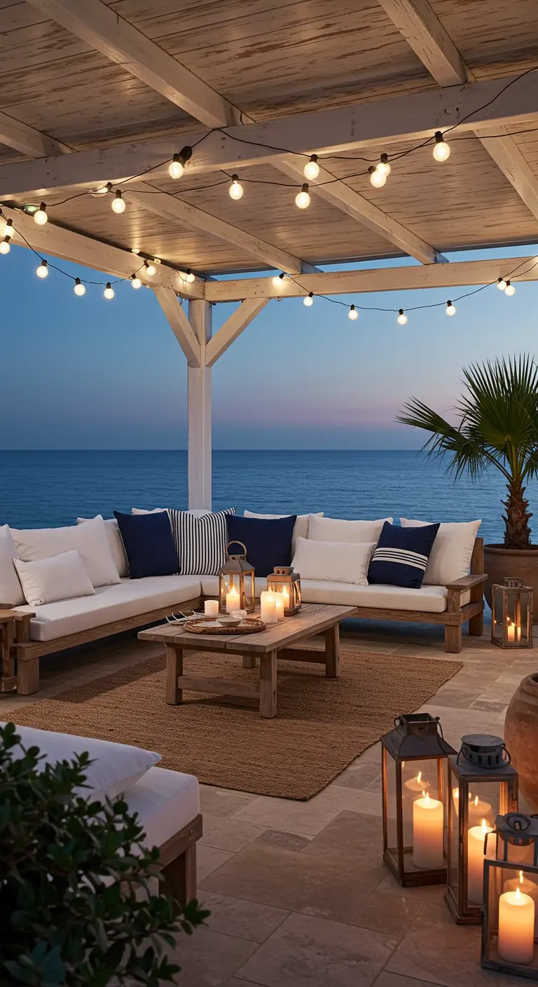 Pérgola de madera blanca con sofás y faroles junto al mar al atardecer.