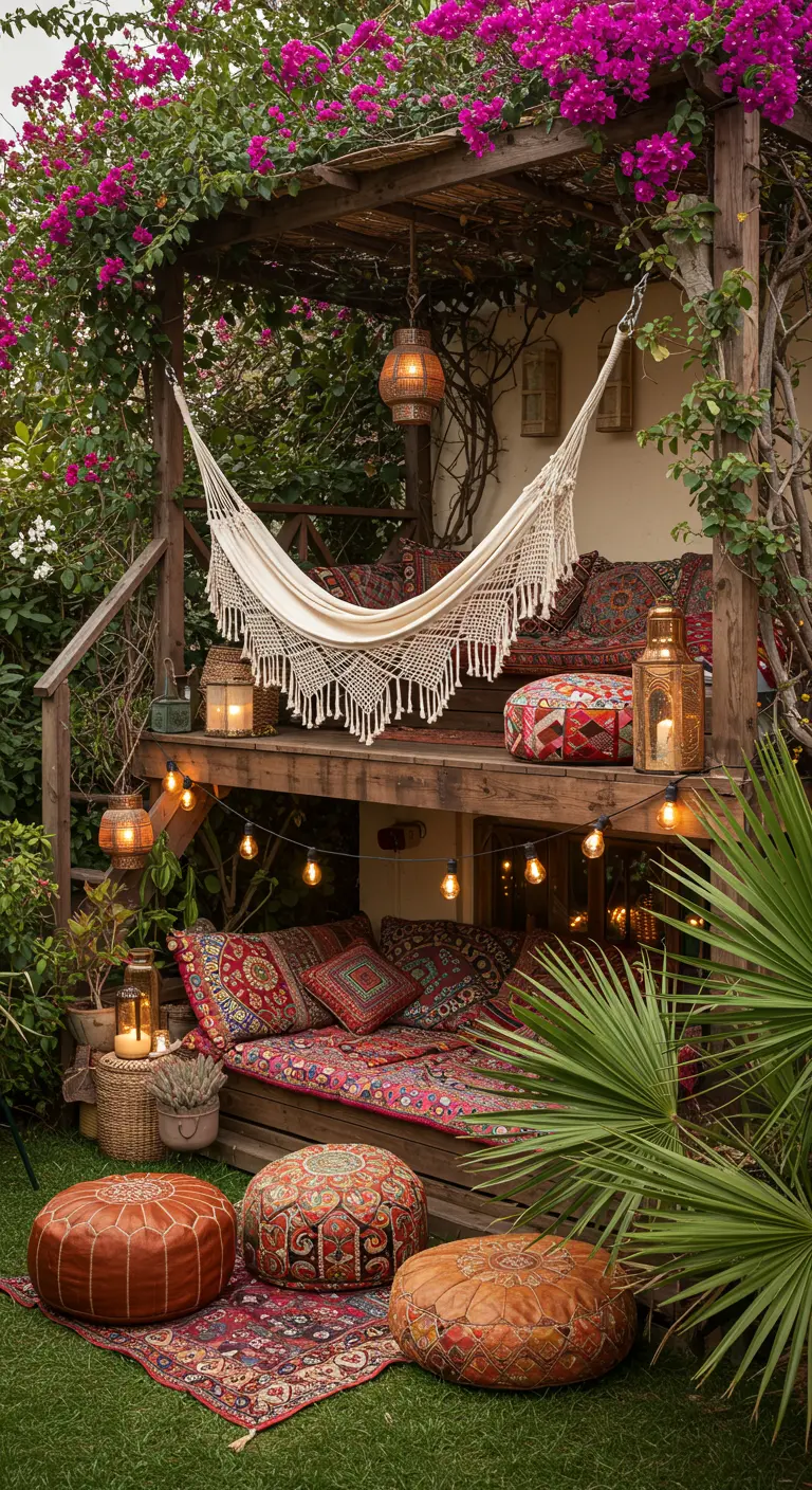 Refugio bohemio de dos niveles con hamaca de macramé, cojines étnicos y faroles