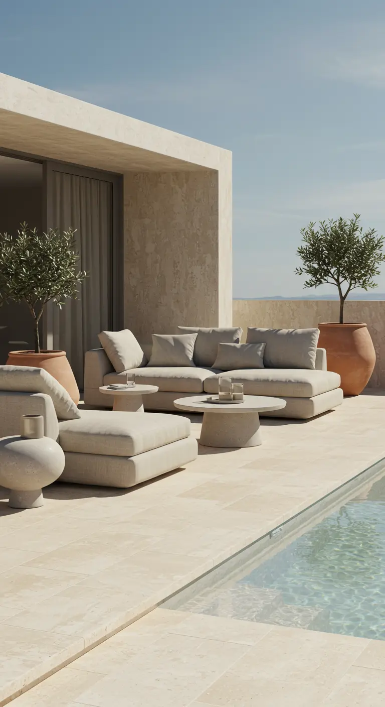 Sofá modular de color arena junto a una piscina, con olivos en macetas de terracota.