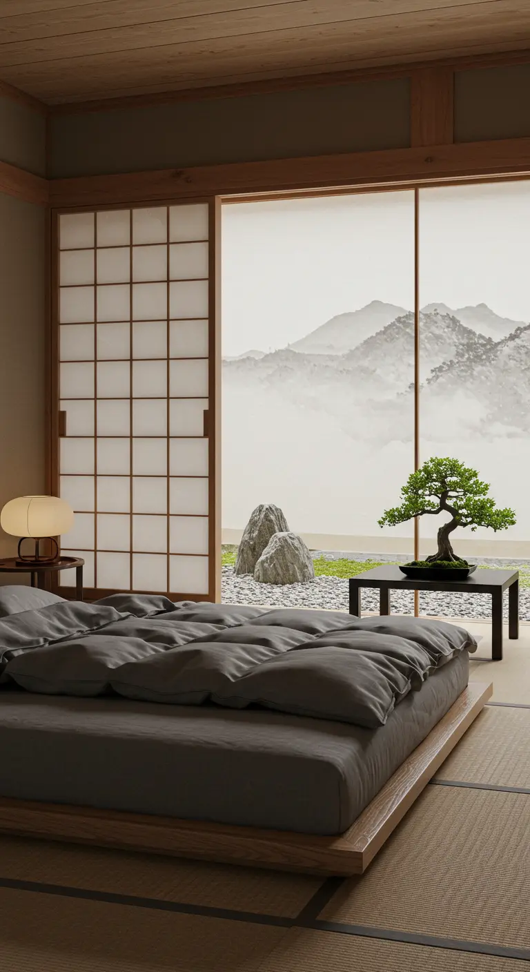 Dormitorio de estilo japonés con cama baja, puertas correderas shoji y un bonsái.