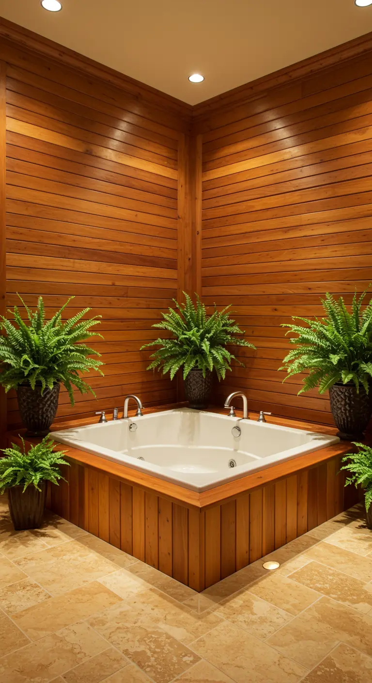 Jacuzzi esquinero rodeado de paneles de madera y helechos en macetas