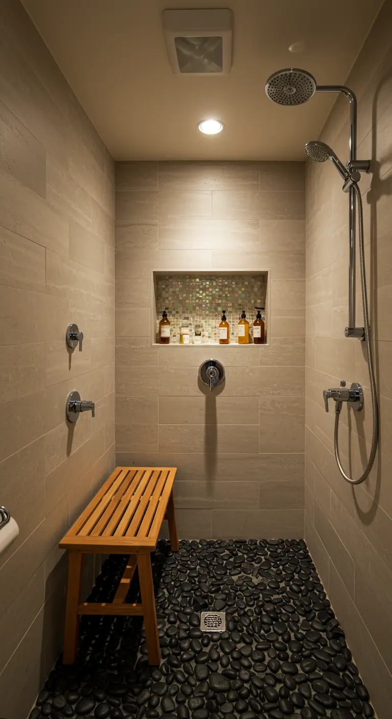 Ducha a ras de suelo con suelo de cantos rodados, banco de madera y nicho en la pared