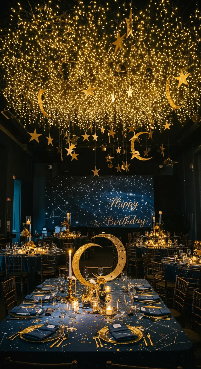 Salón de fiestas con temática celestial, un techo de luces de hadas y lunas y estrellas doradas colgando.