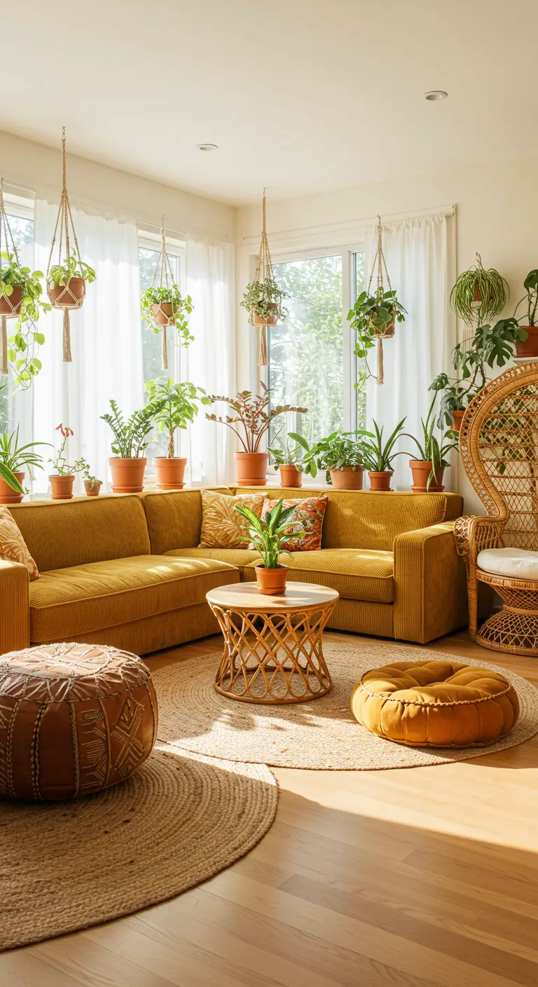 Sala boho de los 70 con sofá de pana mostaza y muchas plantas.