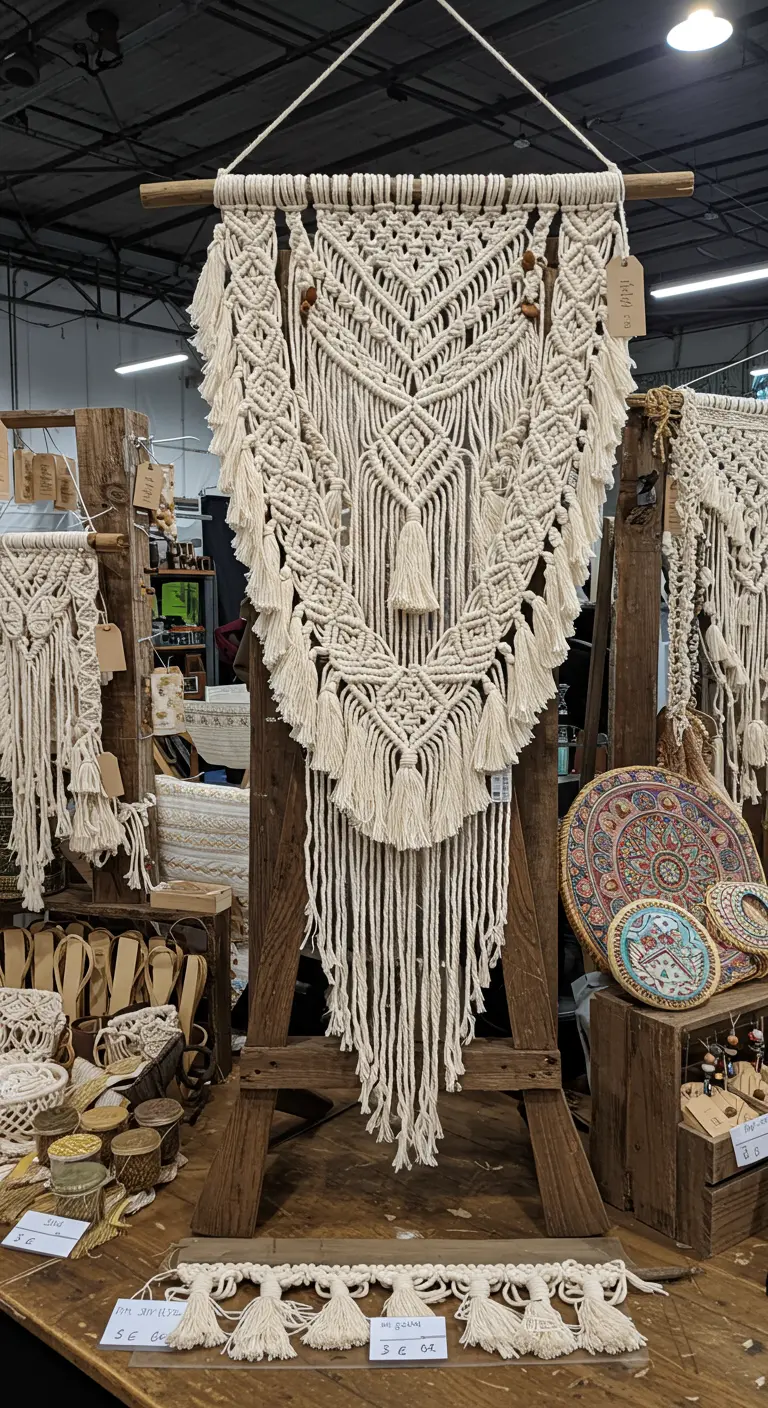 Gran tapiz de macramé con borlas y un diseño complejo, exhibido en un puesto de mercado de artesanía.