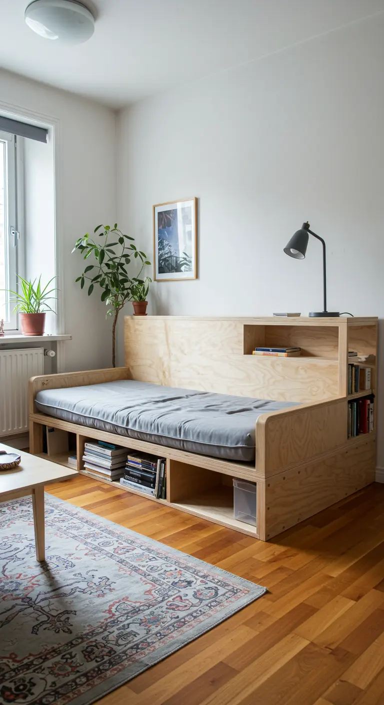 Sofá cama de día hecho con madera contrachapada y con estanterías para libros en la base.
