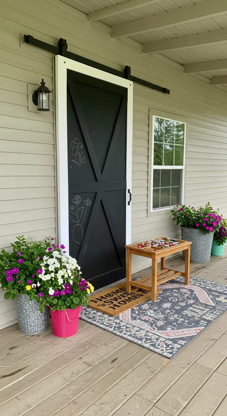 Puerta de granero pintada con pintura de pizarra negra y con dibujos de tiza en un porche.