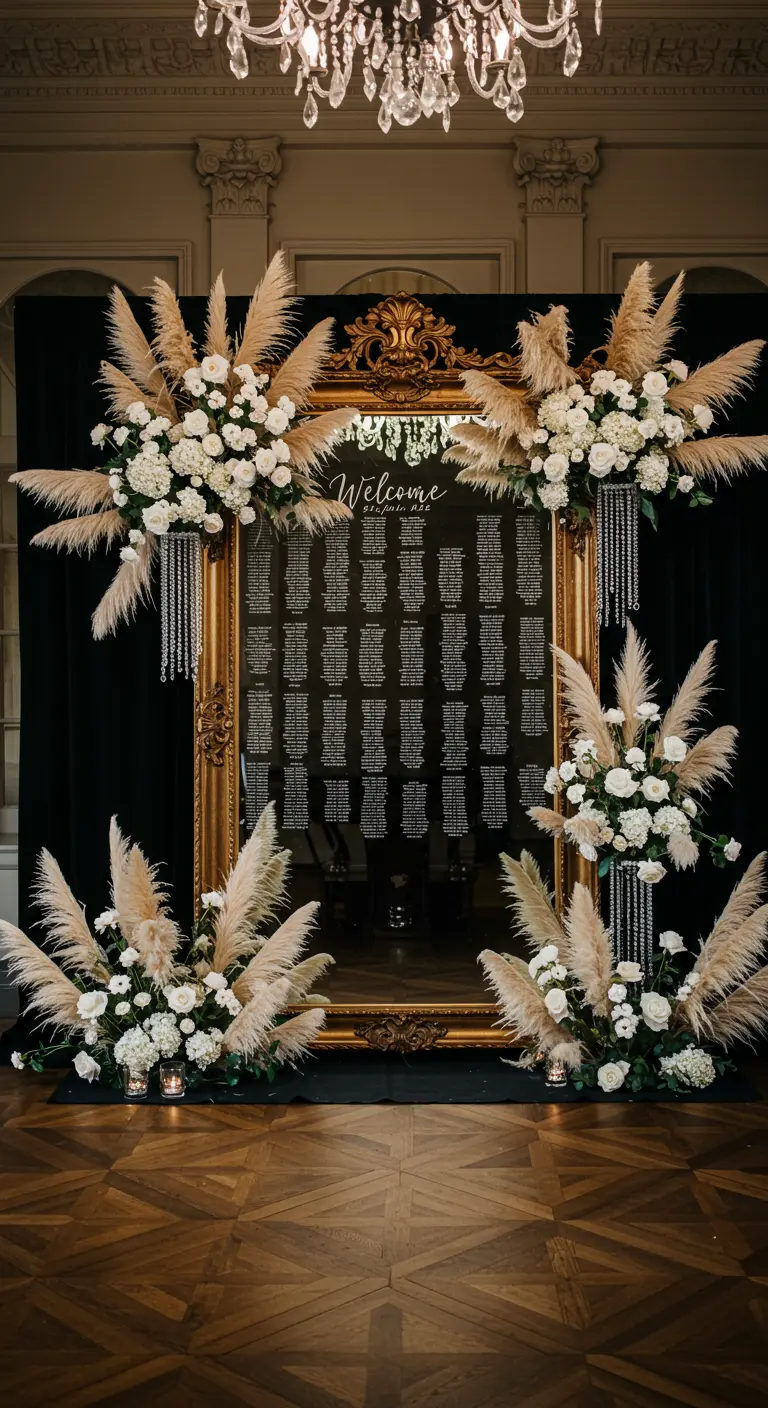 Espejo dorado ornamentado con la lista de invitados, decorado con flores blancas y pampas.