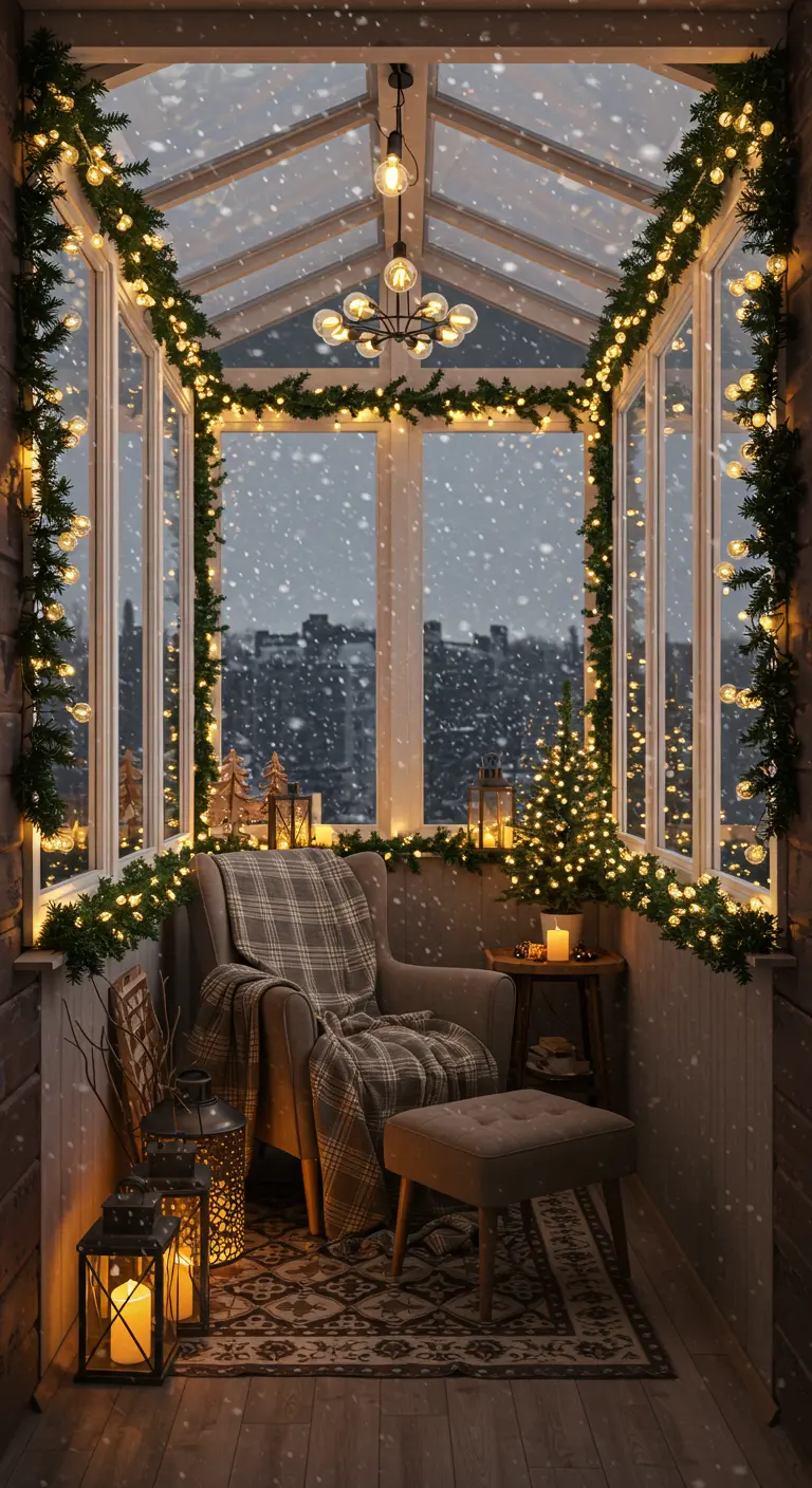 Balcón cerrado enmarcado con guirnaldas y luces cálidas, creando un rincón de lectura acogedor.