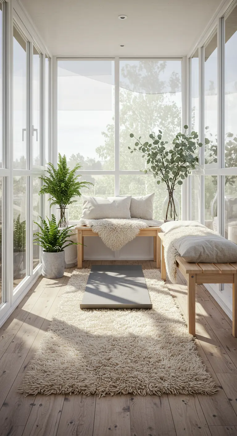 Balcón acristalado y luminoso con bancos de madera, alfombra y mantas de pelo.