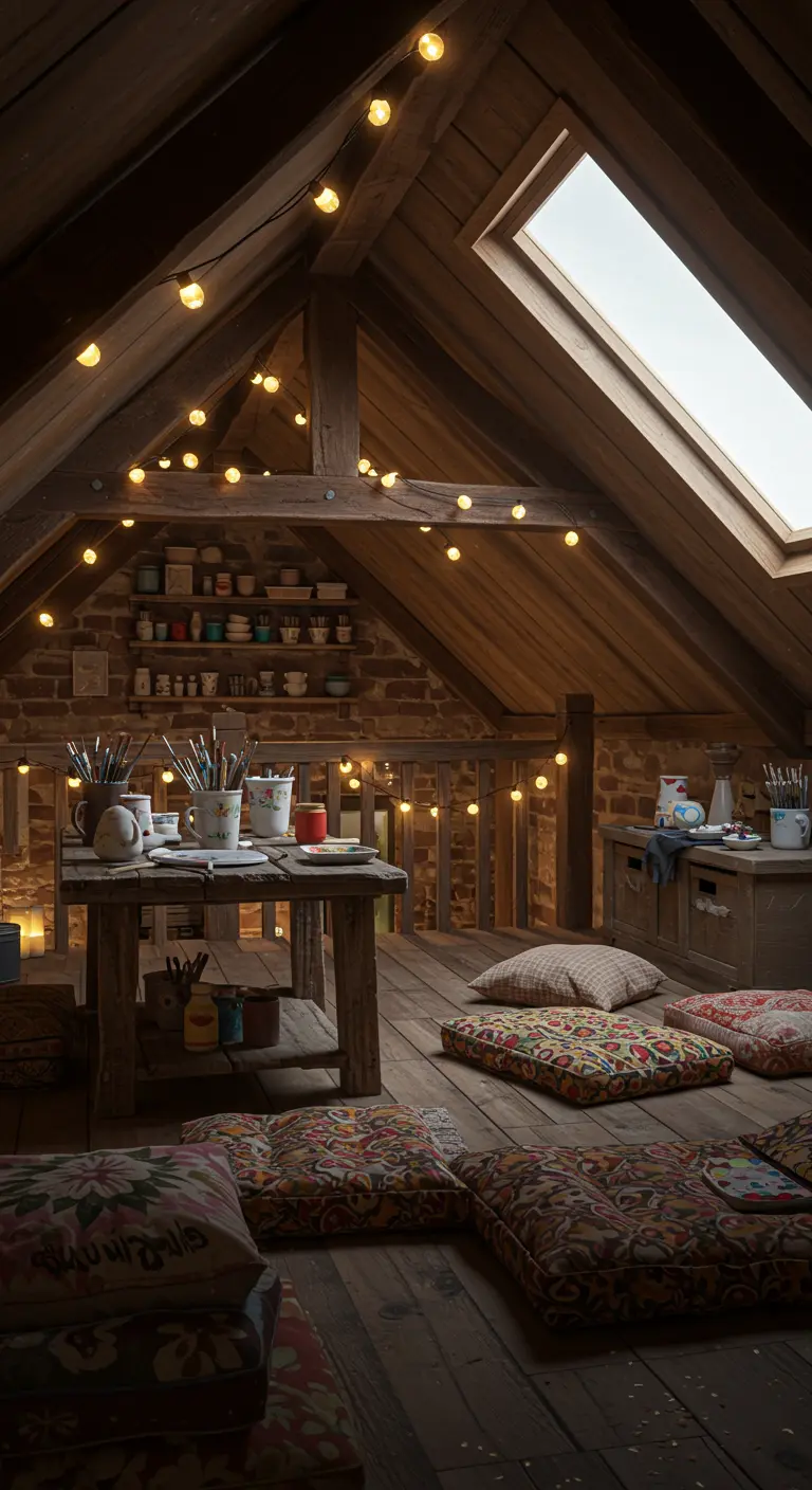 Ático rústico y acogedor para pintar, con vigas de madera y luces de guirnalda.