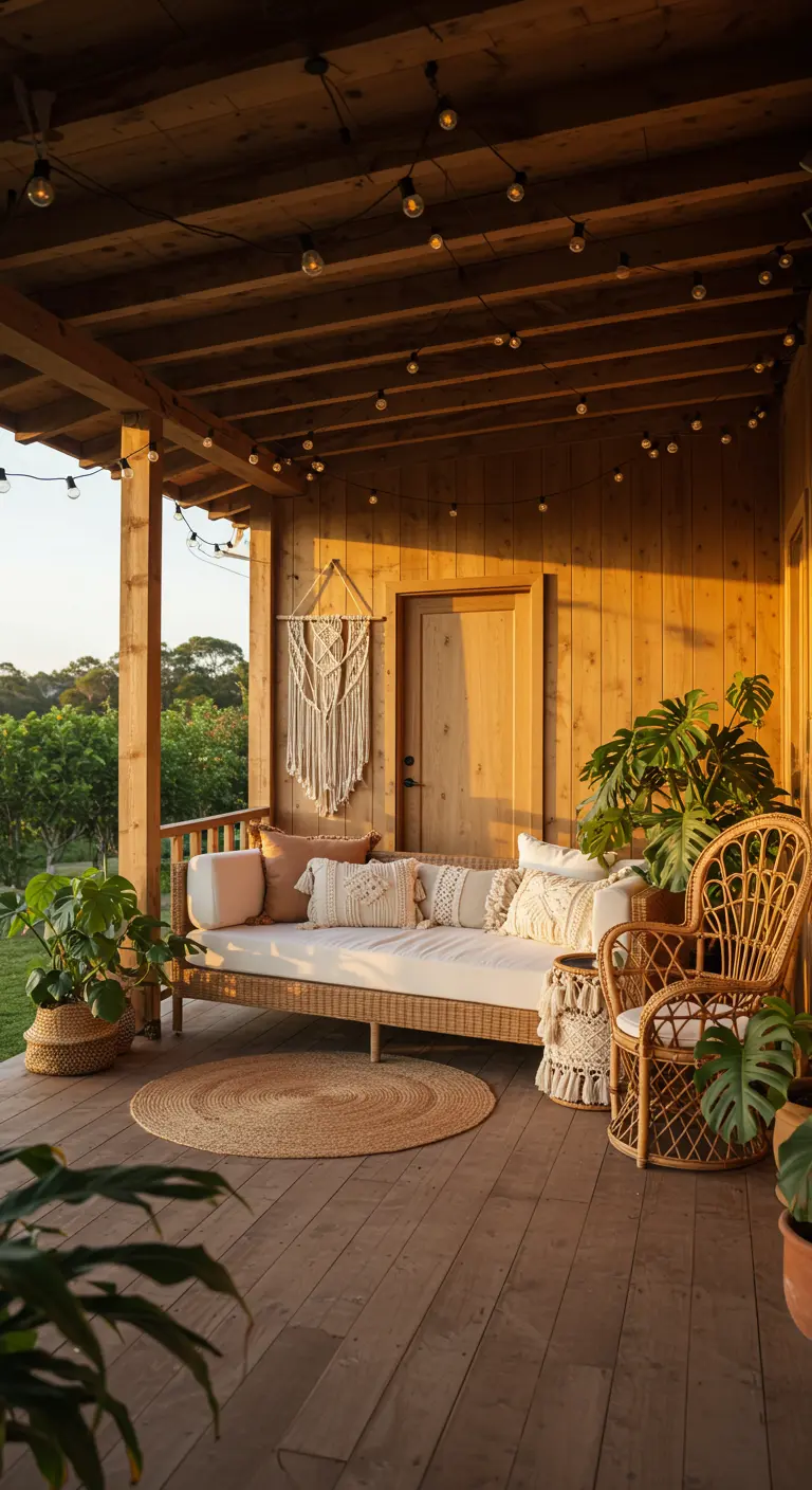 Porche de madera al atardecer con sofá de caña, cojines boho, luces y un tapiz de macramé.