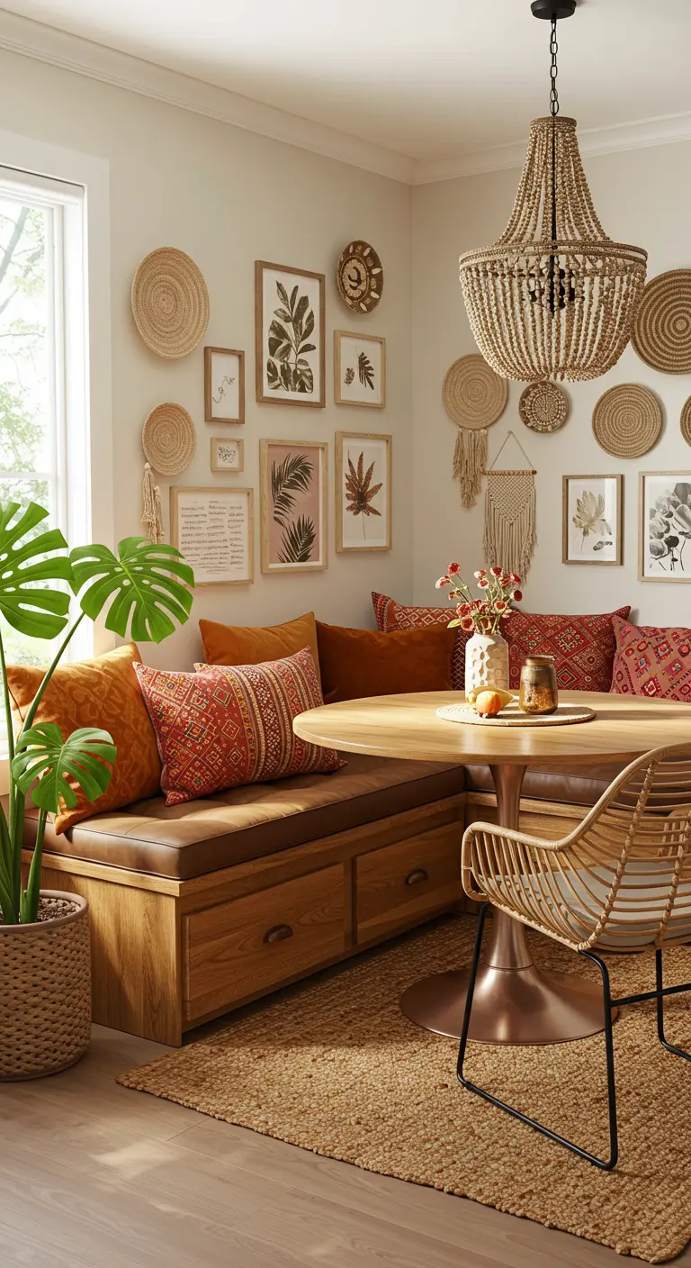 Comedor bohemio con banco de madera, cojines naranjas y terracota y pared de arte.