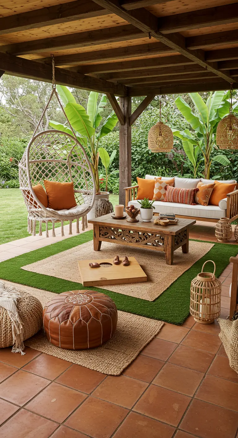Porche bohemio con columpio de macramé, sofá de madera, alfombras de yute y plantas tropicales.
