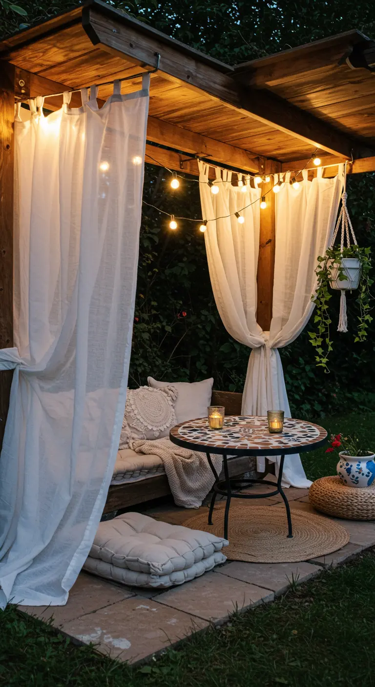 Pérgola pequeña y acogedora decorada con cortinas blancas, guirnaldas de luces y cojines boho.