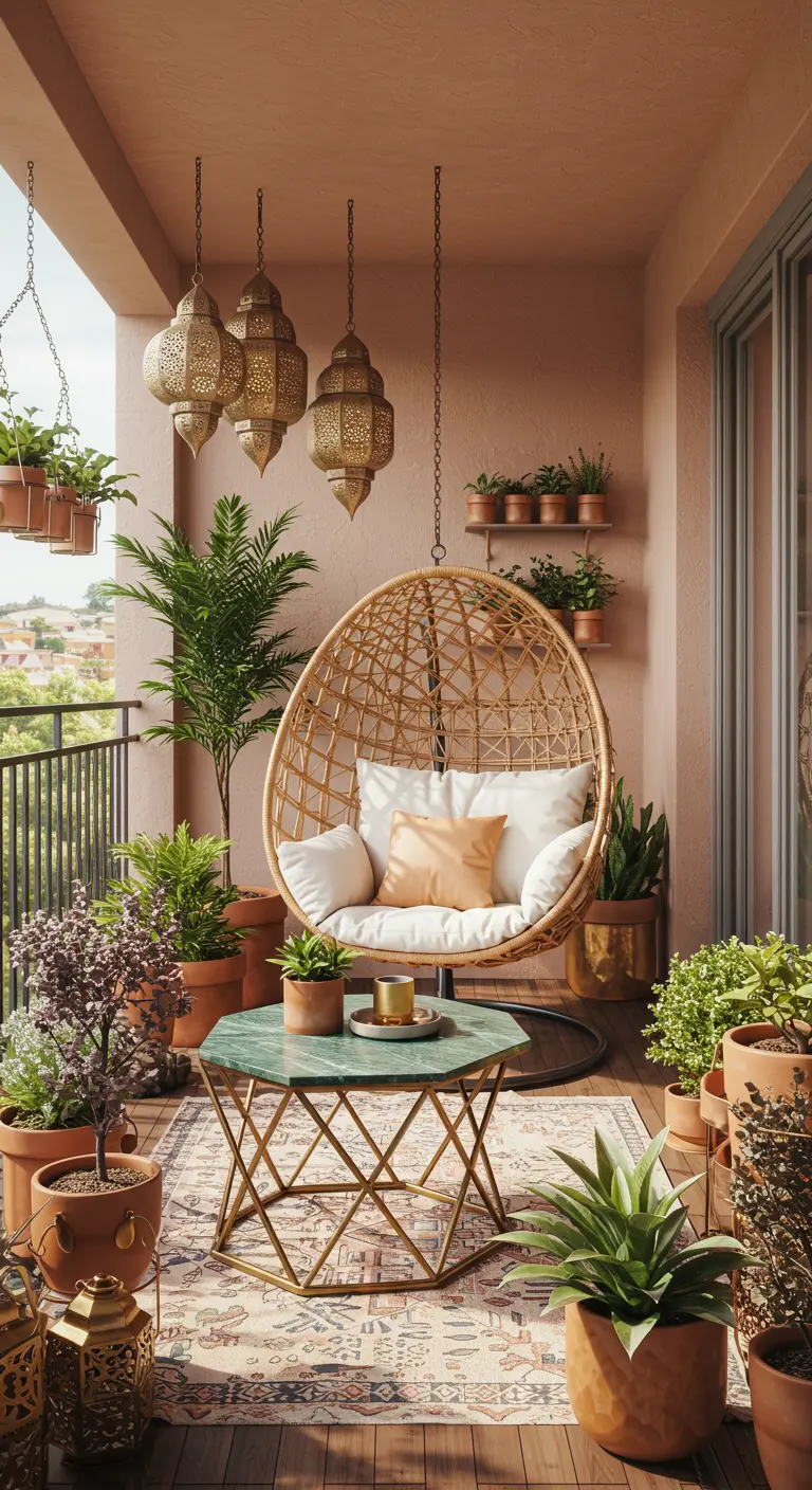 Balcón de estilo boho con una silla colgante de mimbre, alfombra étnica y mesa de mármol verde.