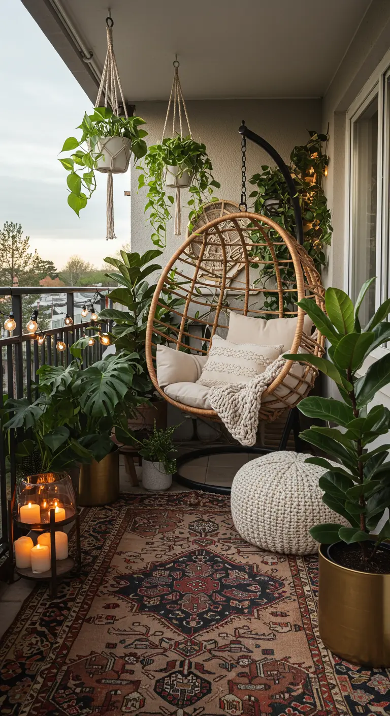 Balcón bohemio con un sillón colgante de mimbre, alfombra persa, plantas y velas.
