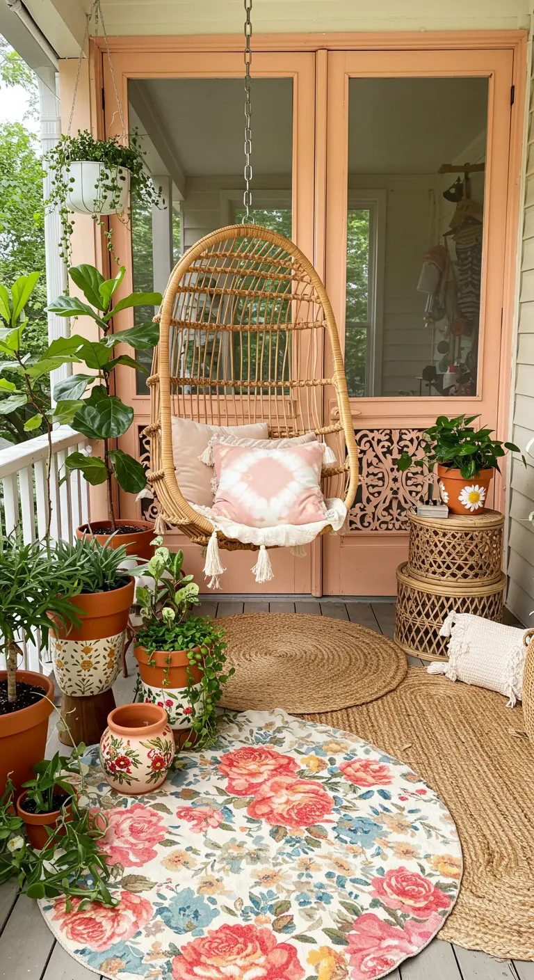 Rincón de porche bohemio con silla colgante de ratán, alfombra floral y muchas plantas.