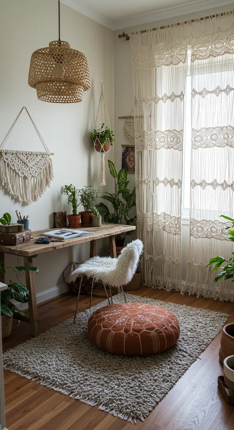 Espacio de trabajo de estilo bohemio con escritorio de madera, muchas plantas y decoración de macramé.