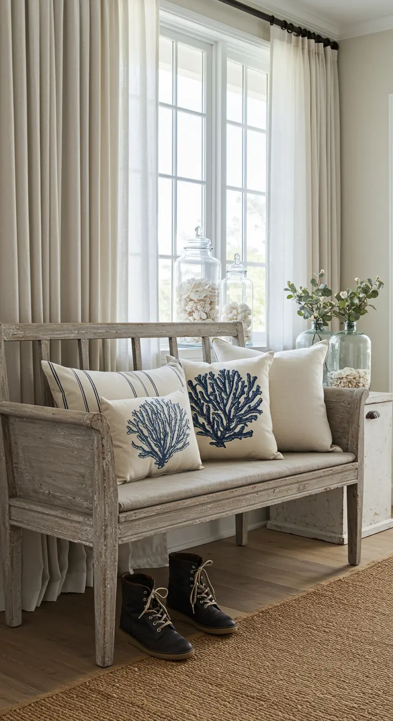 Banco de madera gris envejecido con cojines de lino estampados con corales azules, estilo costero.