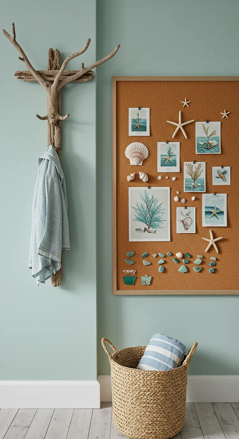 Recibidor de estilo costero con un perchero de ramas de madera y un tablero de corcho con motivos marinos.