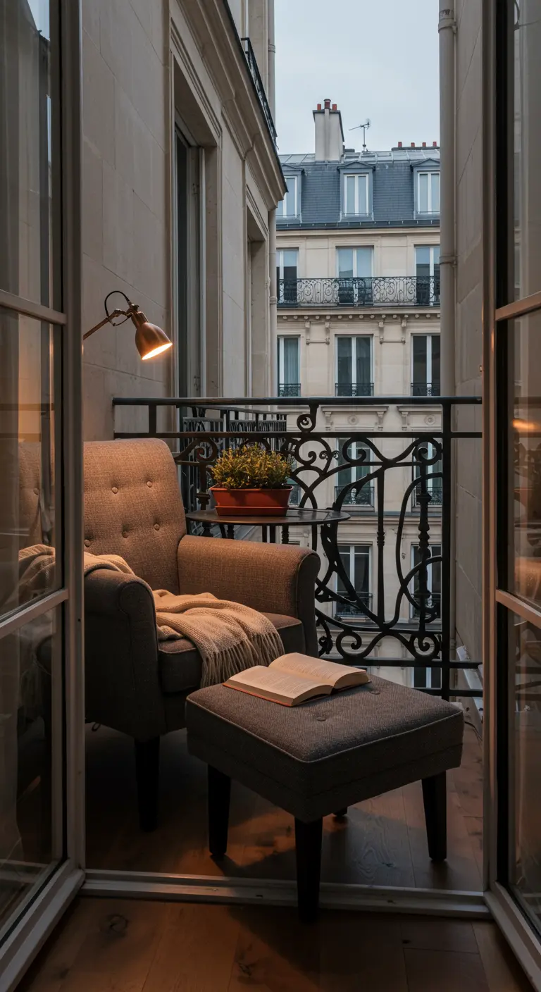 Sillón cómodo con reposapiés y un libro abierto en un balcón al atardecer