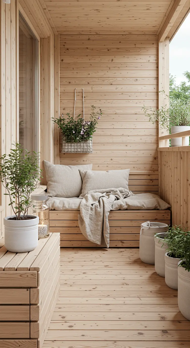 Balcón escandinavo completamente revestido de madera clara con un banco integrado y cojines de lino.