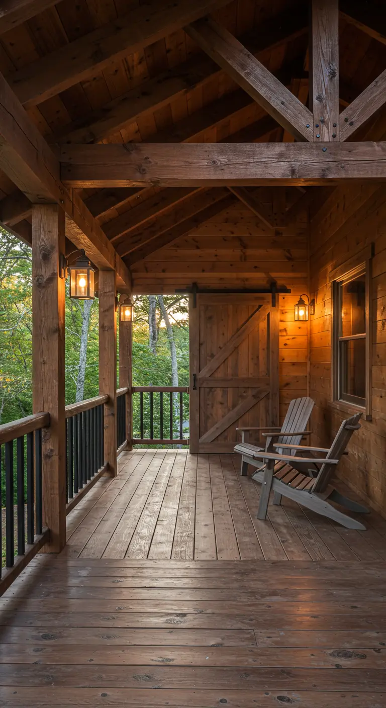 Porche de madera tipo cabaña con sillas Adirondack y faroles de luz cálida por la noche.