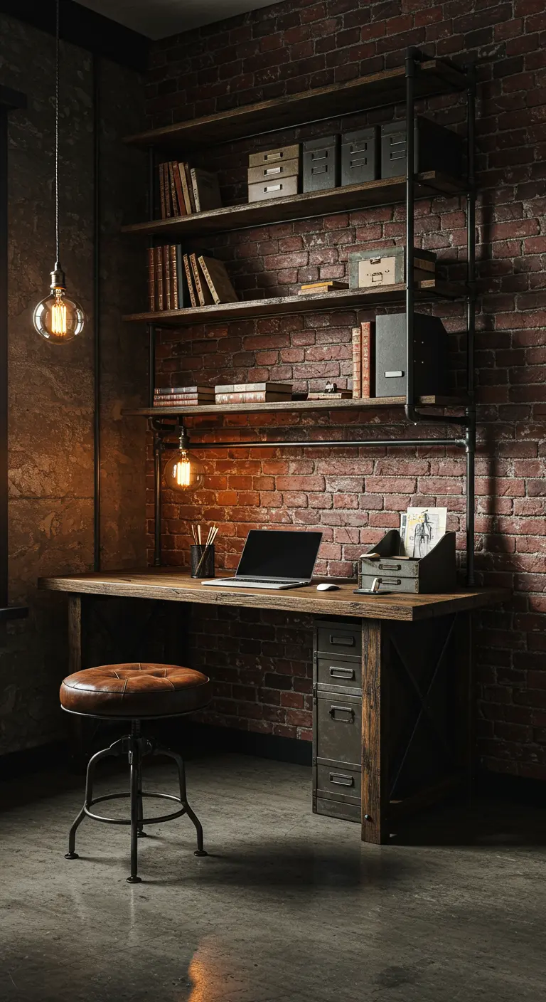 Oficina en casa de estilo industrial con pared de ladrillo, estanterías de tuberías y escritorio de madera.
