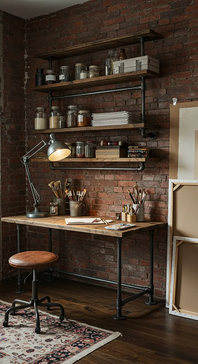 Estación de arte con escritorio y estanterías de madera y tuberías de metal contra una pared de ladrillo.