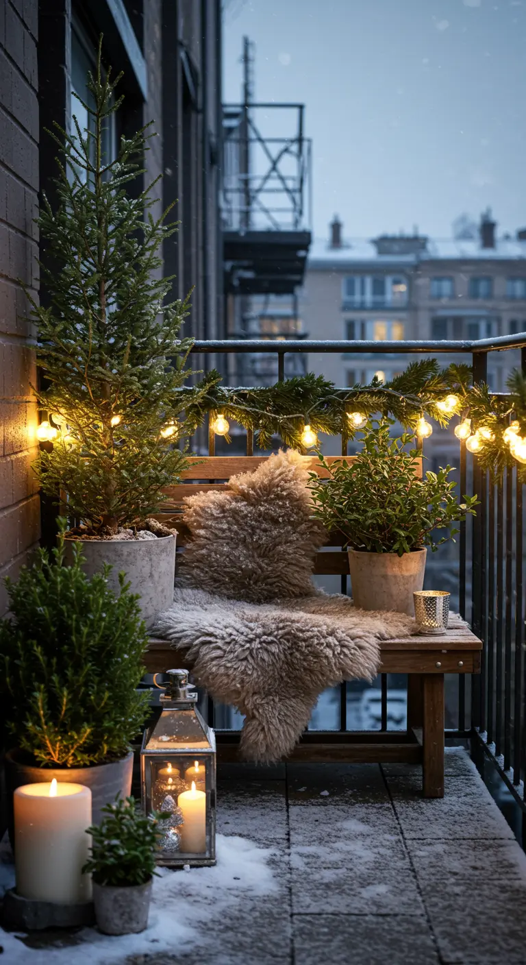 Balcón decorado para el invierno con nieve, pequeños abetos, luces cálidas y mantas de piel.