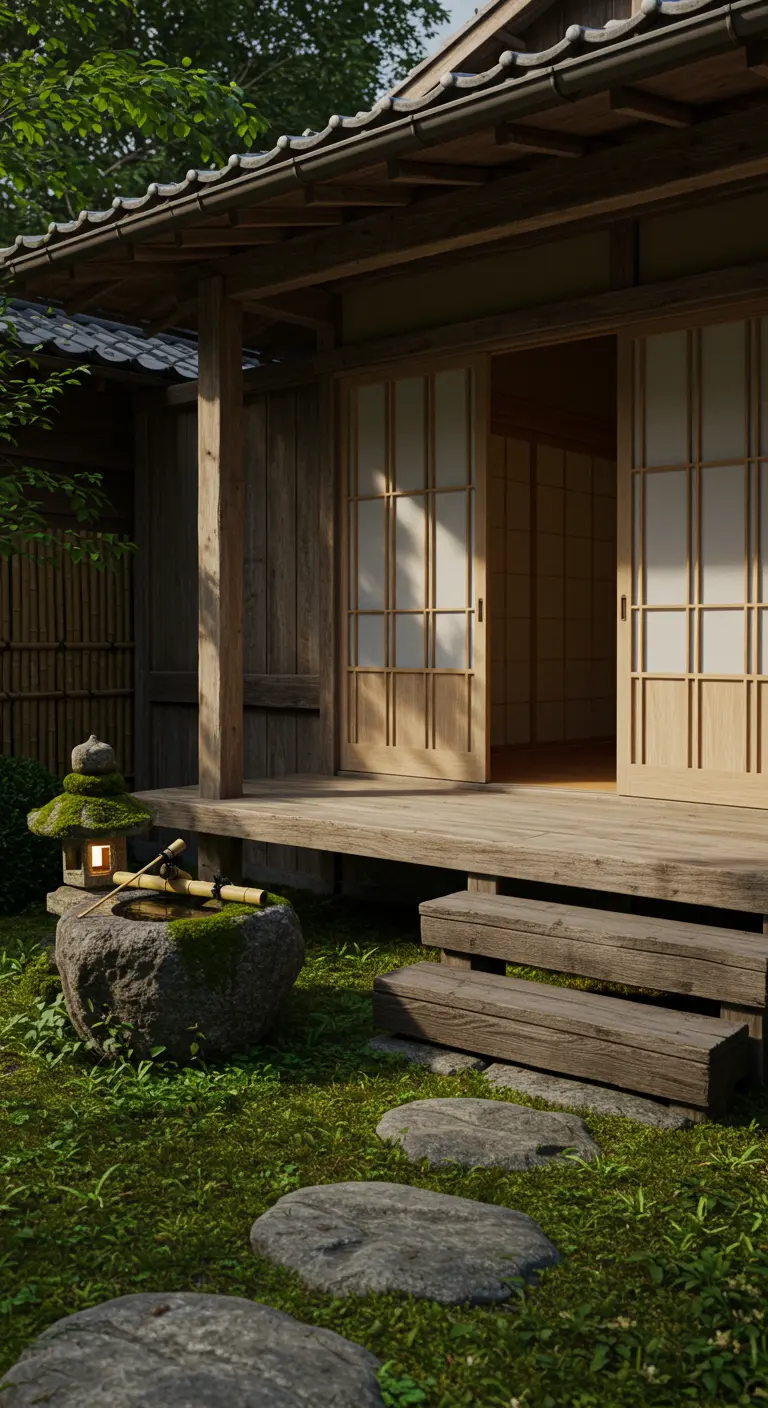 Porche de madera estilo japonés con linterna de piedra, musgo y escalones bajos.