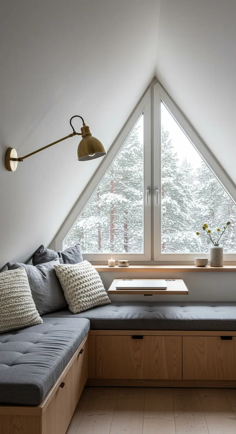 Rincón de trabajo en un ático con ventana triangular y vistas a un bosque nevado.